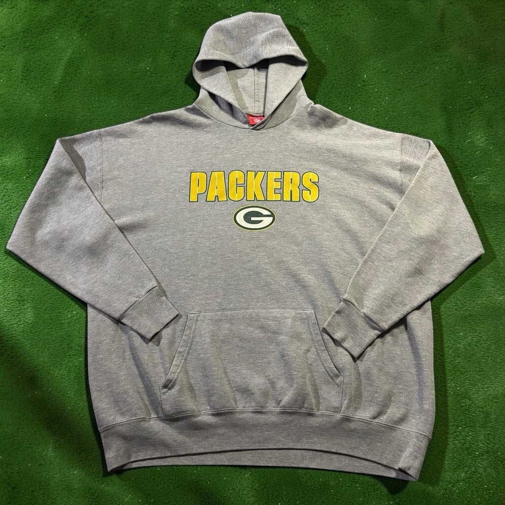 Vintage NFL Green Bay Packers Hoodie Gray Spellout Sweatshirt Size 2XL